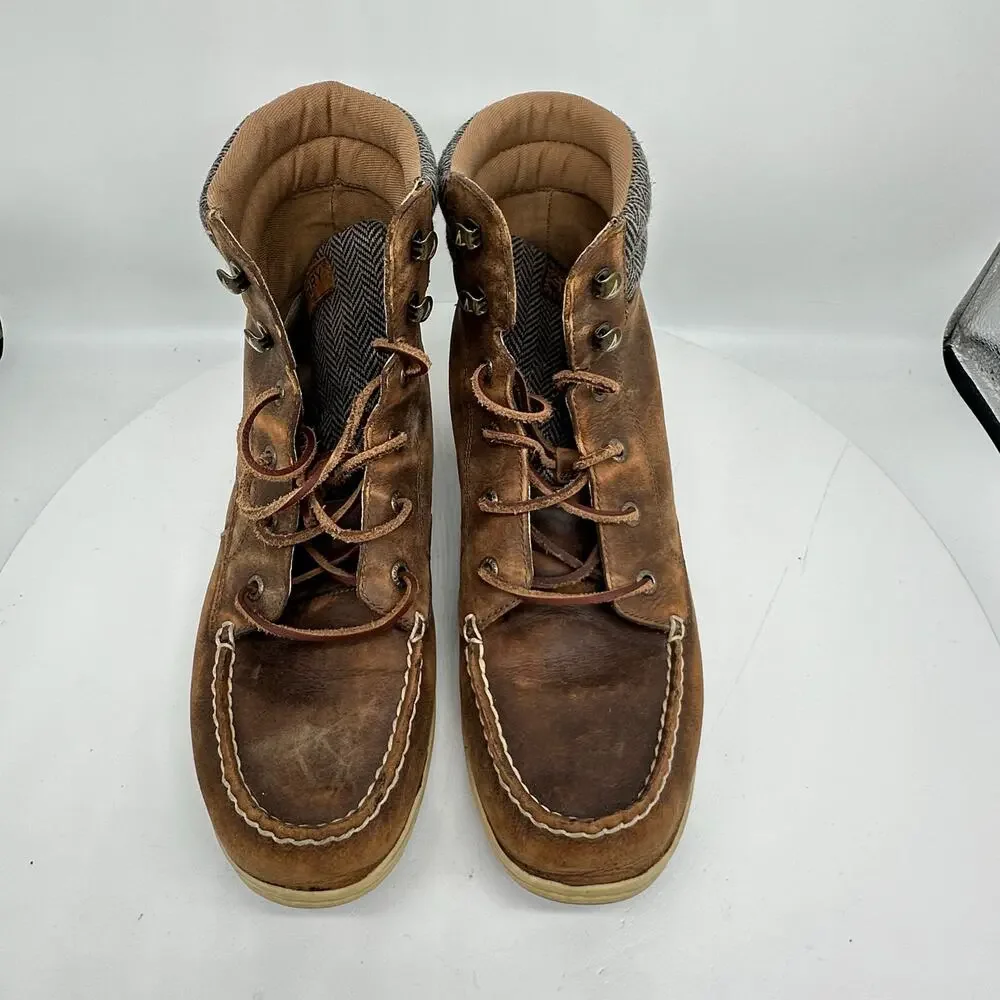Sperry Bayfish Brown Leather Lace Up High Top Herringbone Collar Womens 10